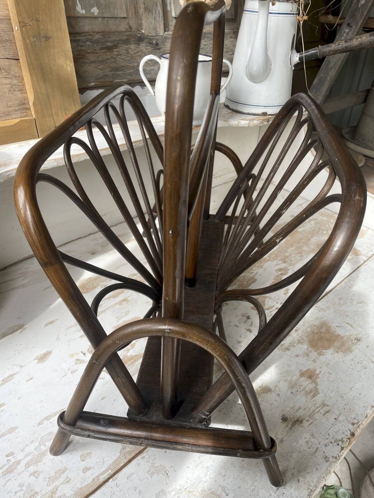 Vintage turned wood and rattan magazine rack