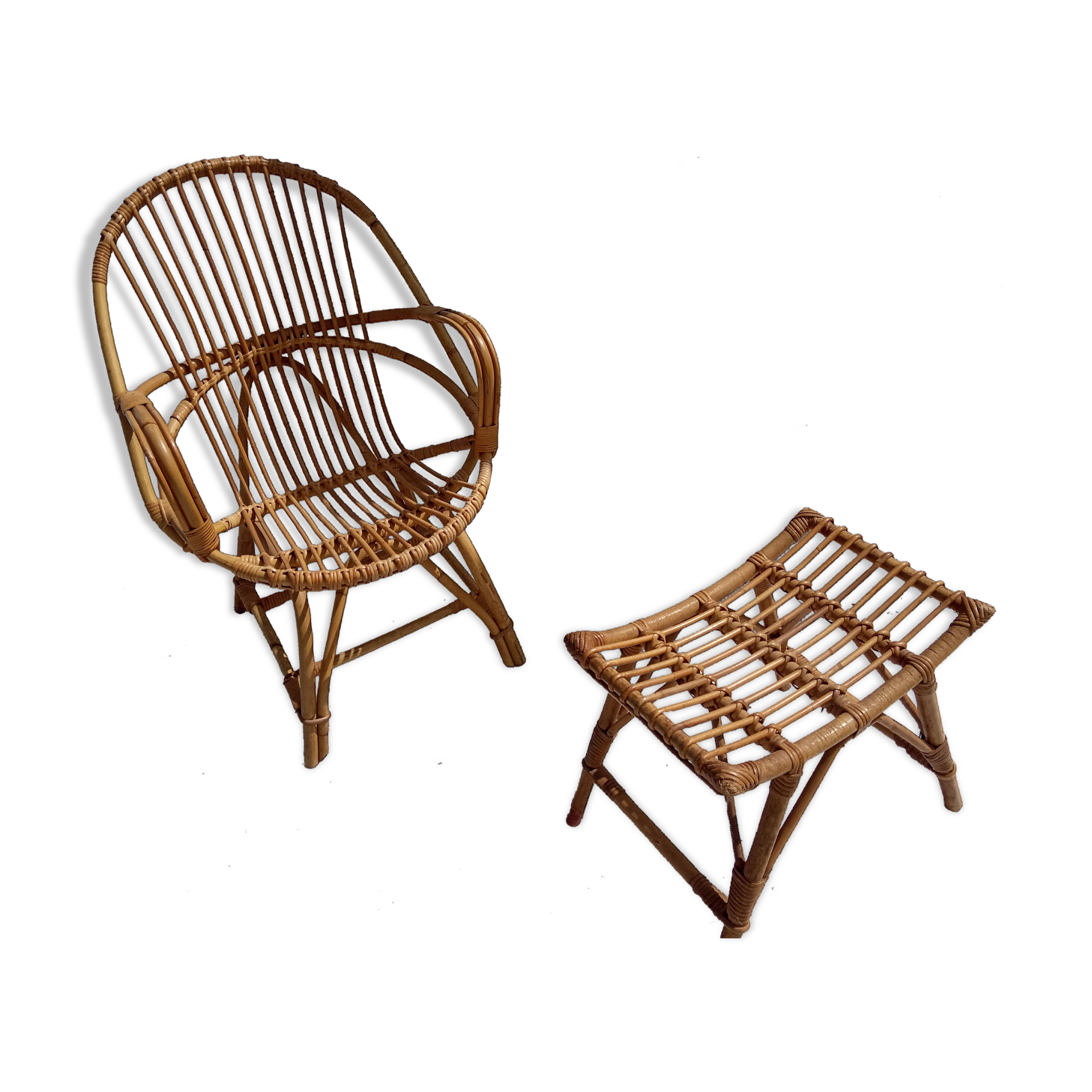 Armchair and footrest in rattan, years 50/60