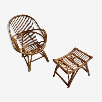 Armchair and footrest in rattan, years 50/60