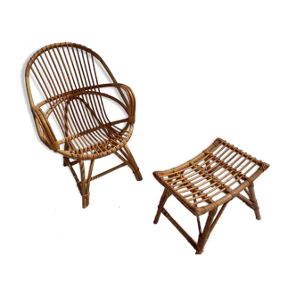 Armchair and footrest in rattan, years 50/60