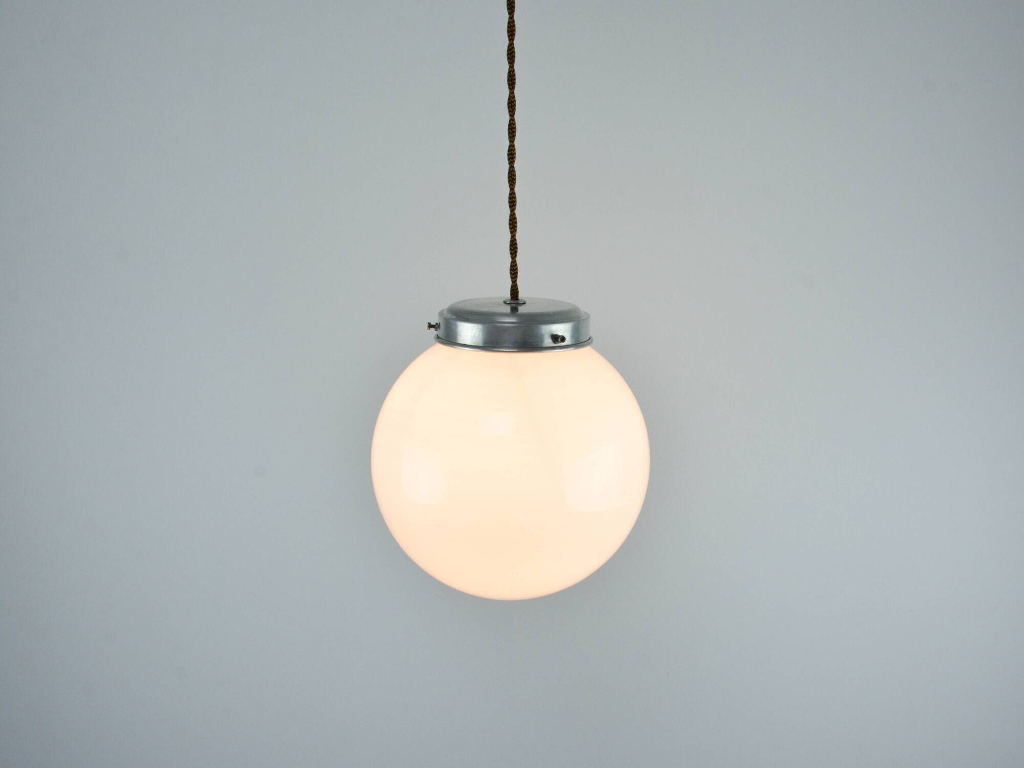 Small Mid-Century Italian Opaline & Metal Sphere Pendant Lamp