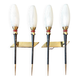 Large pair of 2-light torchiere wall lights 1950/60 in black metal and gilded brass.