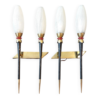 Large pair of 2-light torchiere wall lights 1950/60 in black metal and gilded brass.