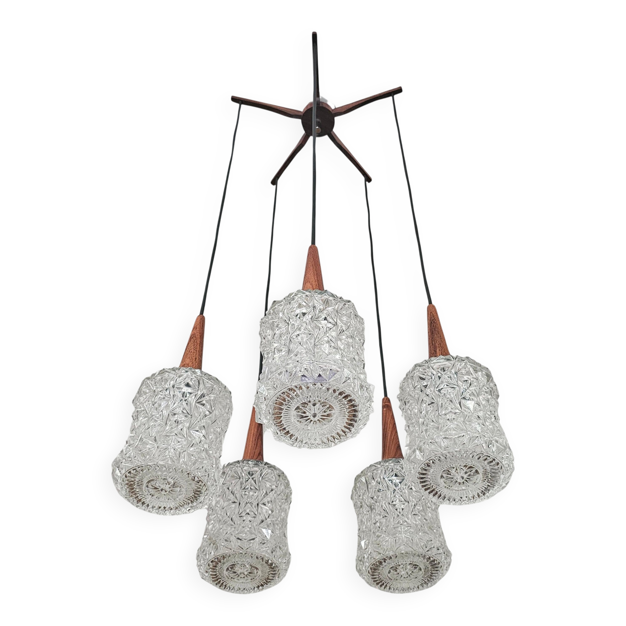 Mid Century Modern spider chandelier in teak, rosewood, and crystal.