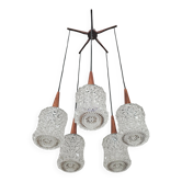 Mid Century Modern spider chandelier in teak, rosewood, and crystal.