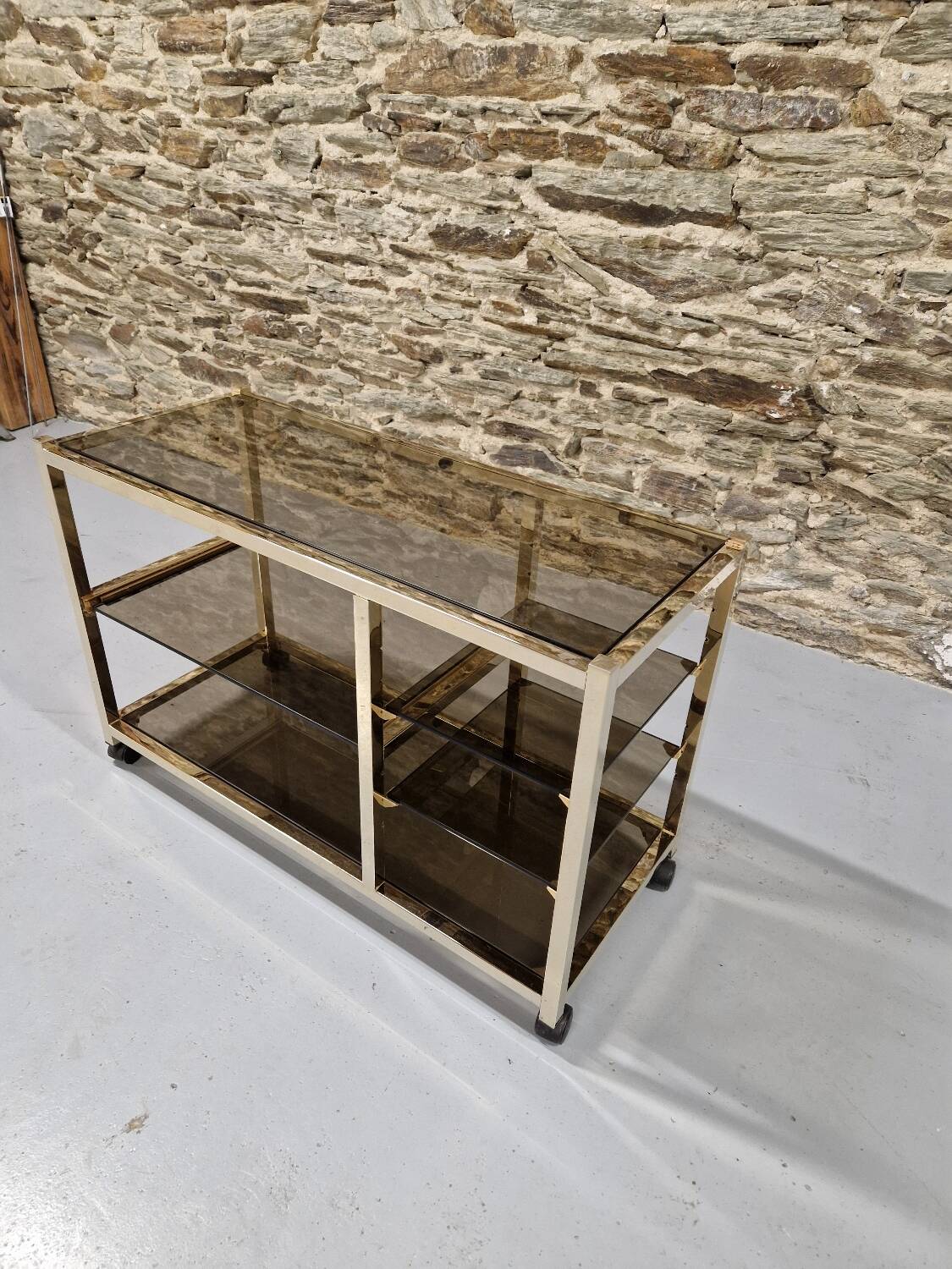 70s glass TV cabinet shelf console