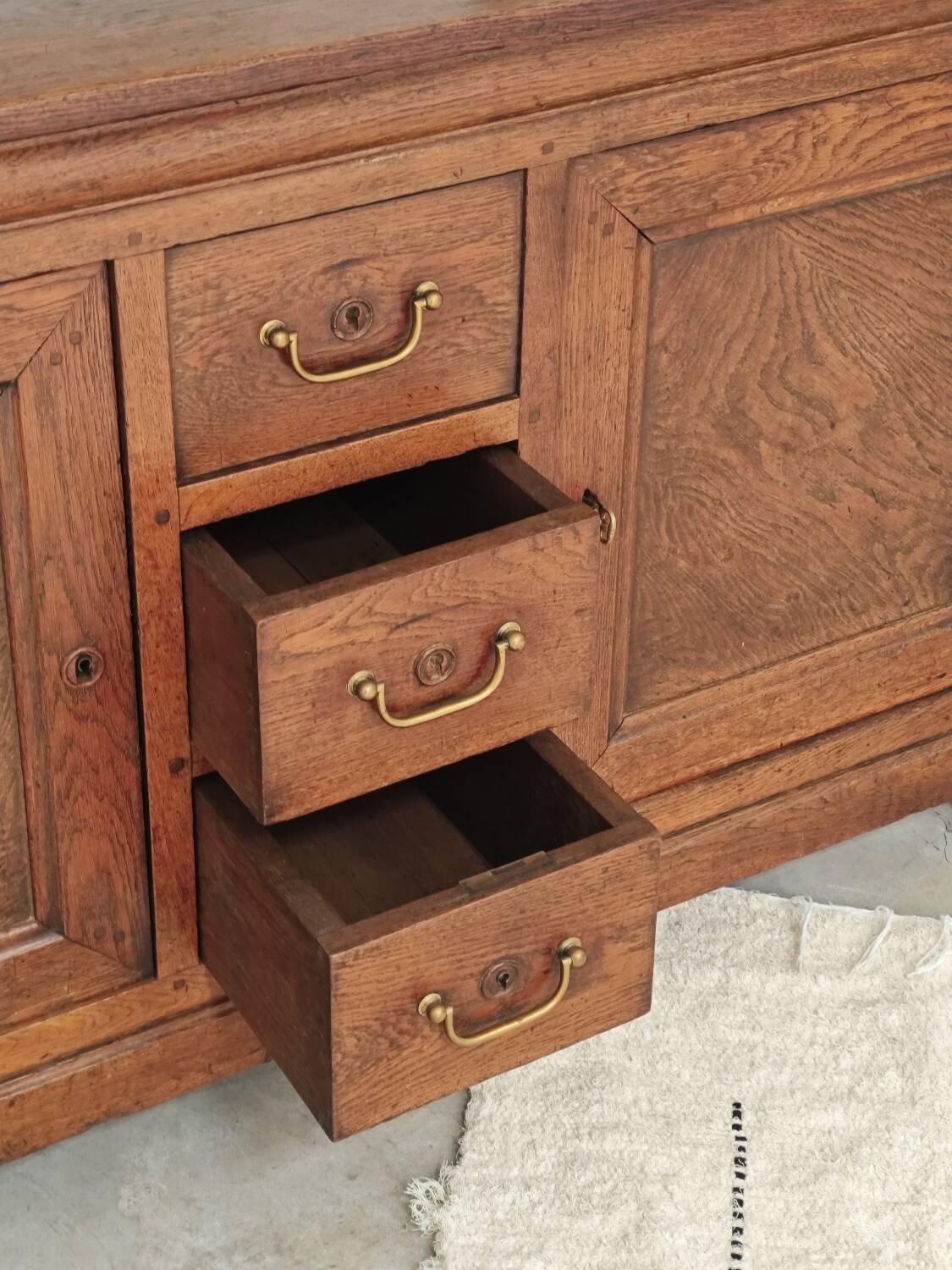 Antique solid wood workbench, dough cabinet from the 18th century.