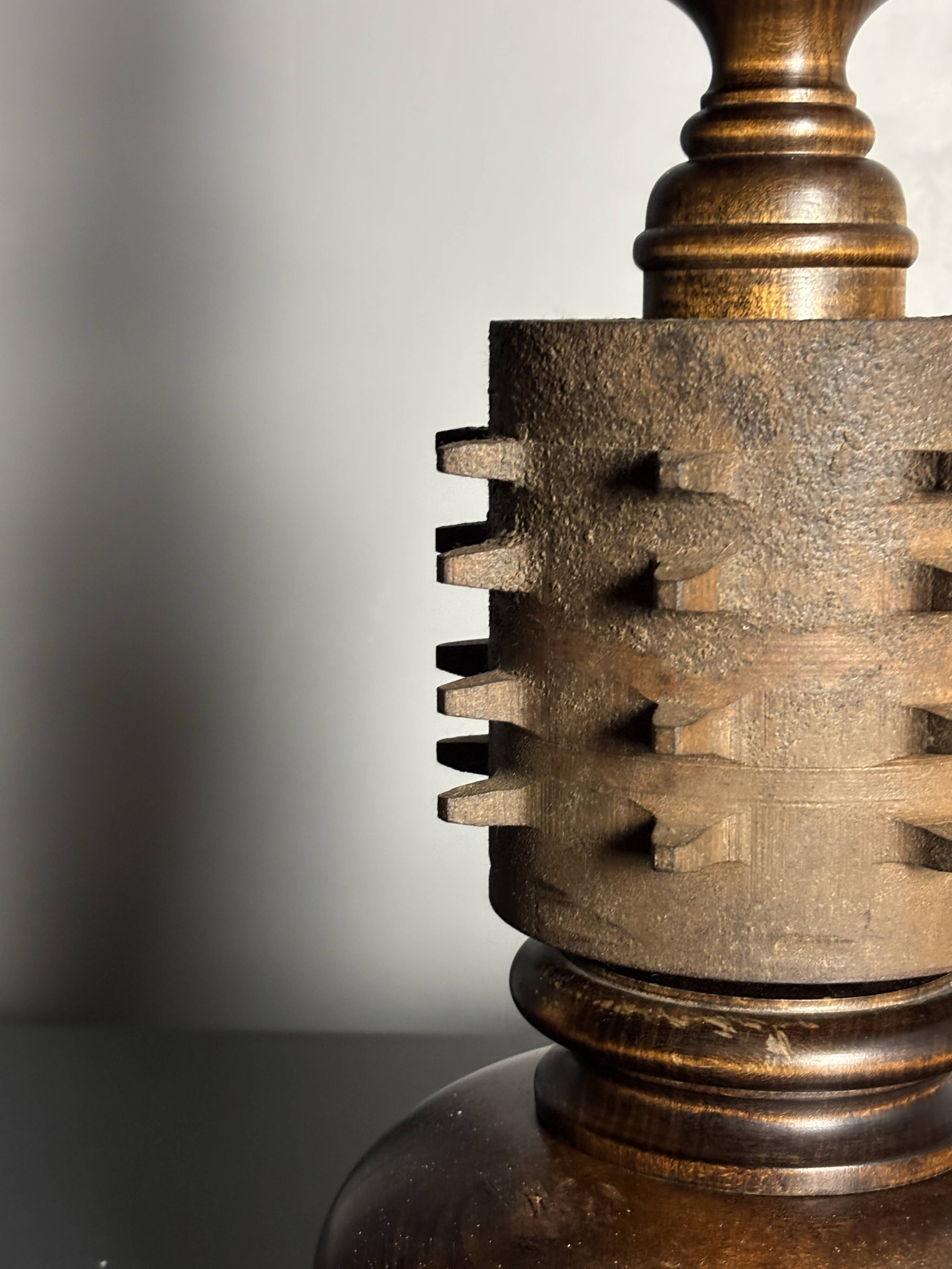 Brutalist wood turned and cast iron large table lamp, 1960s