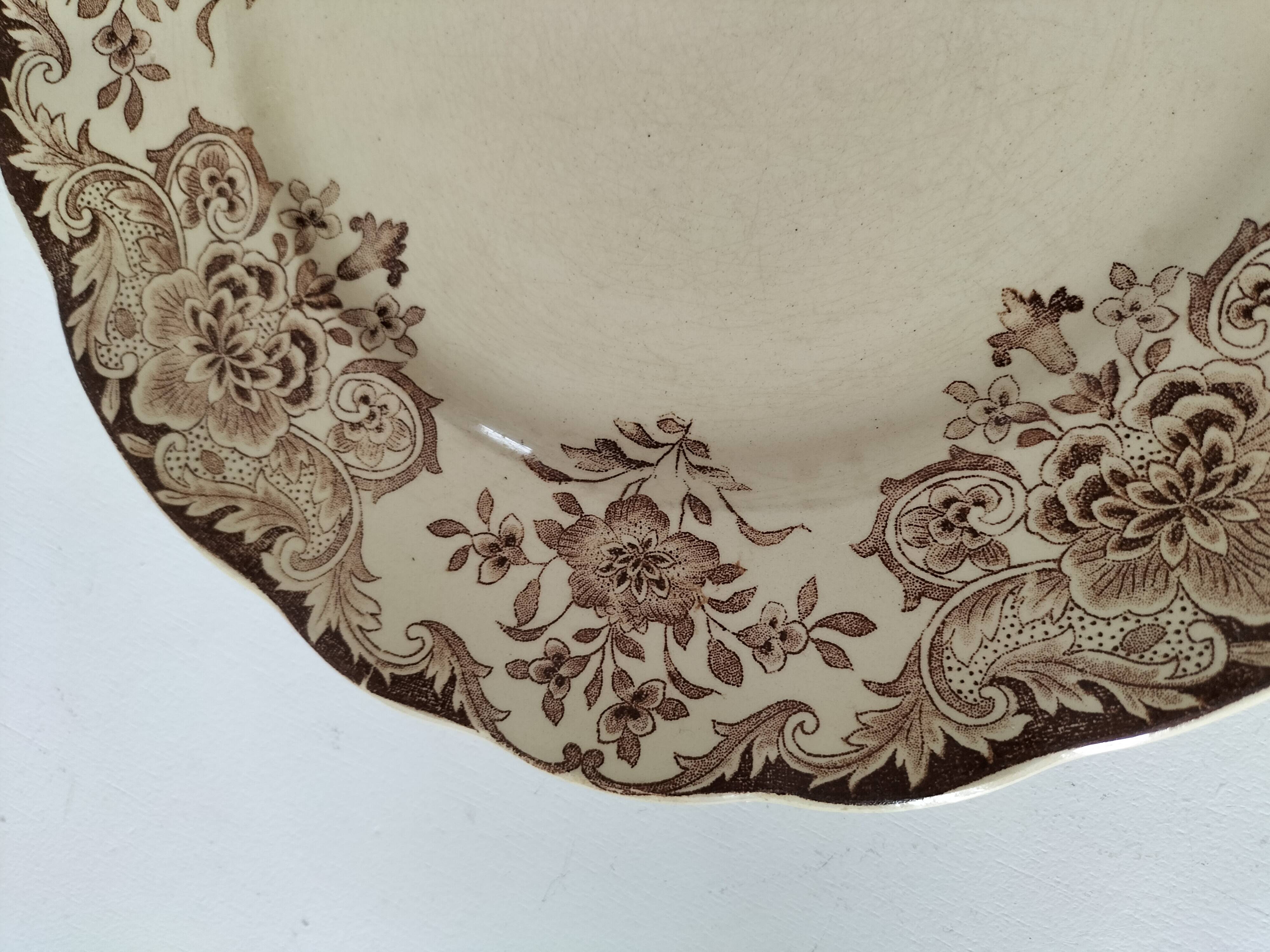 Antique earthenware plate – brown floral decoration – late 19th, early 20th century