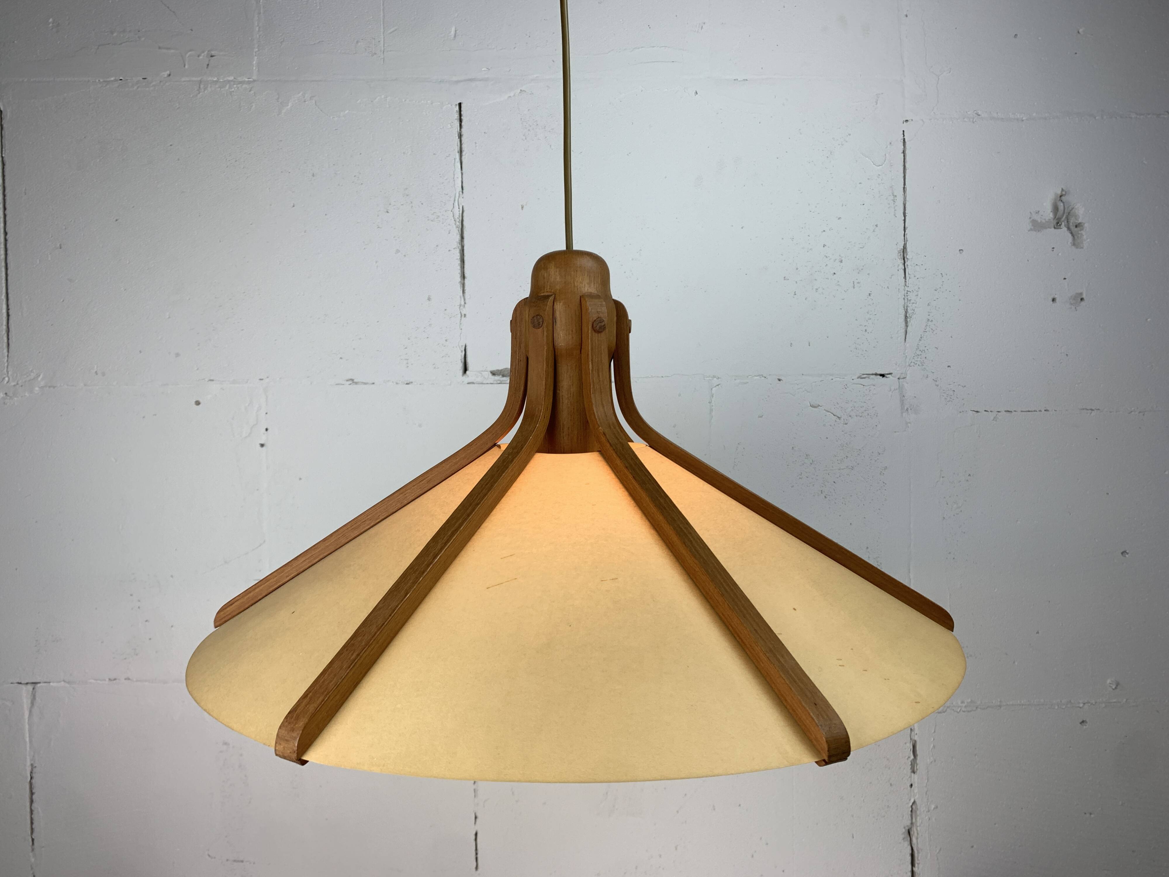 Midcentury teak and perkament pendant by Temde Leuchten, 1970s