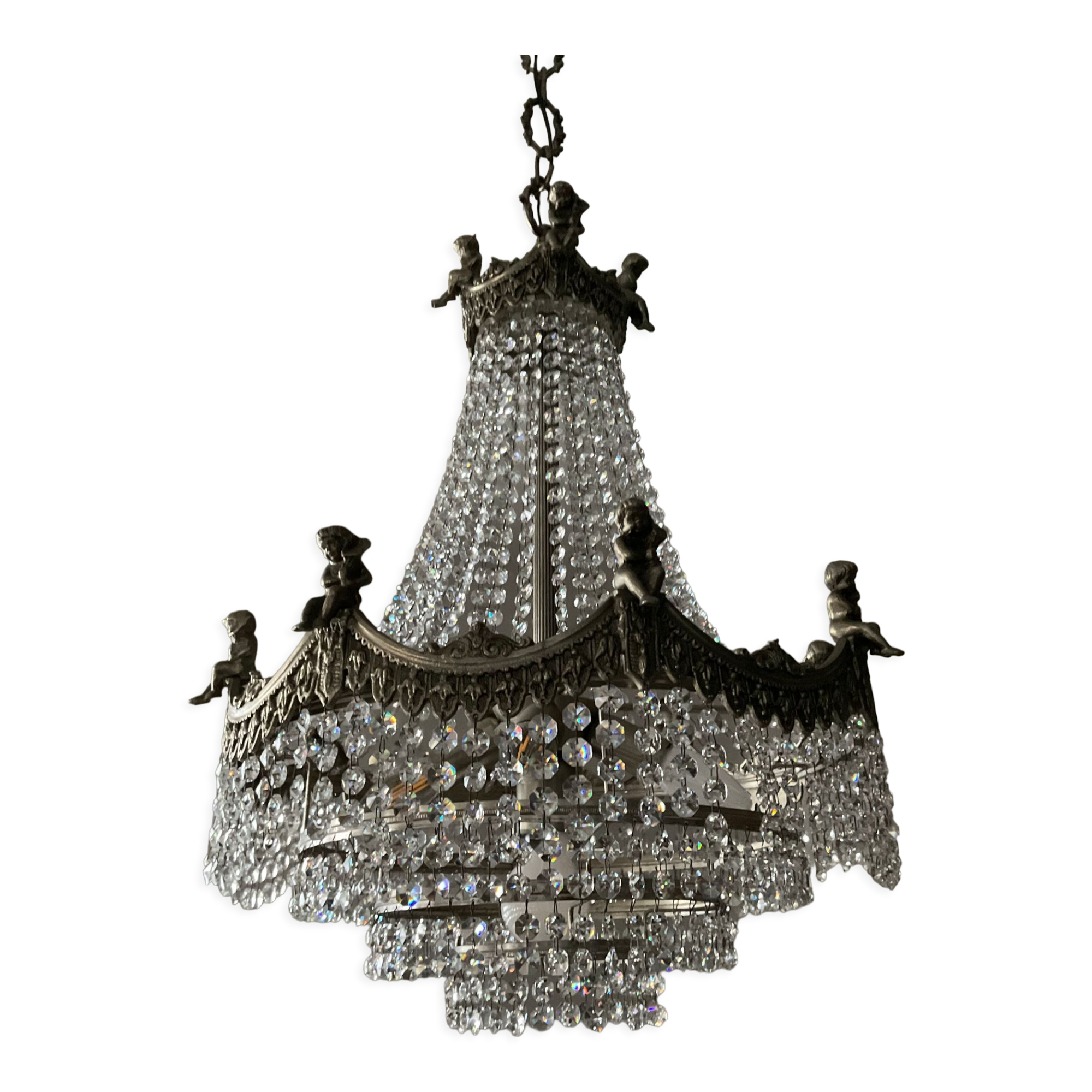 Old hot air balloon chandelier with crystal and bronze tassels