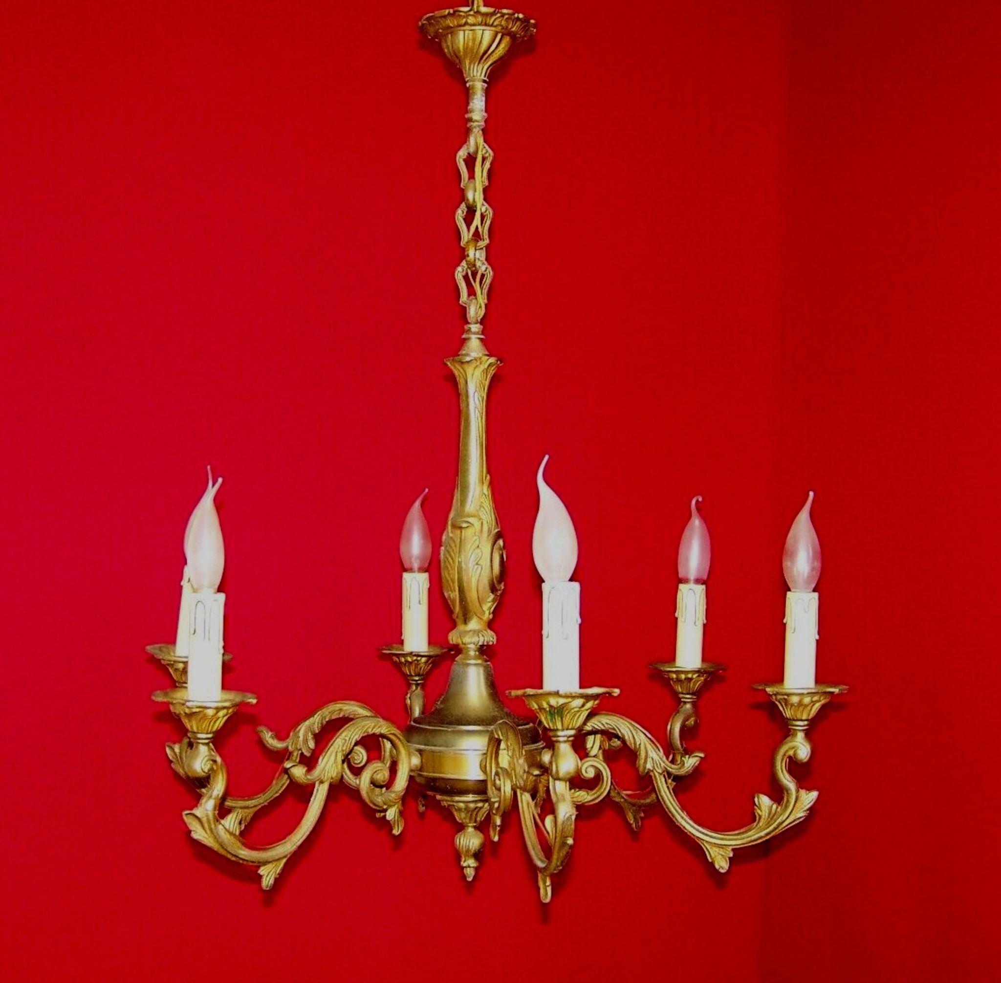 French art nouveau style quality bronze 6 light chandelier
