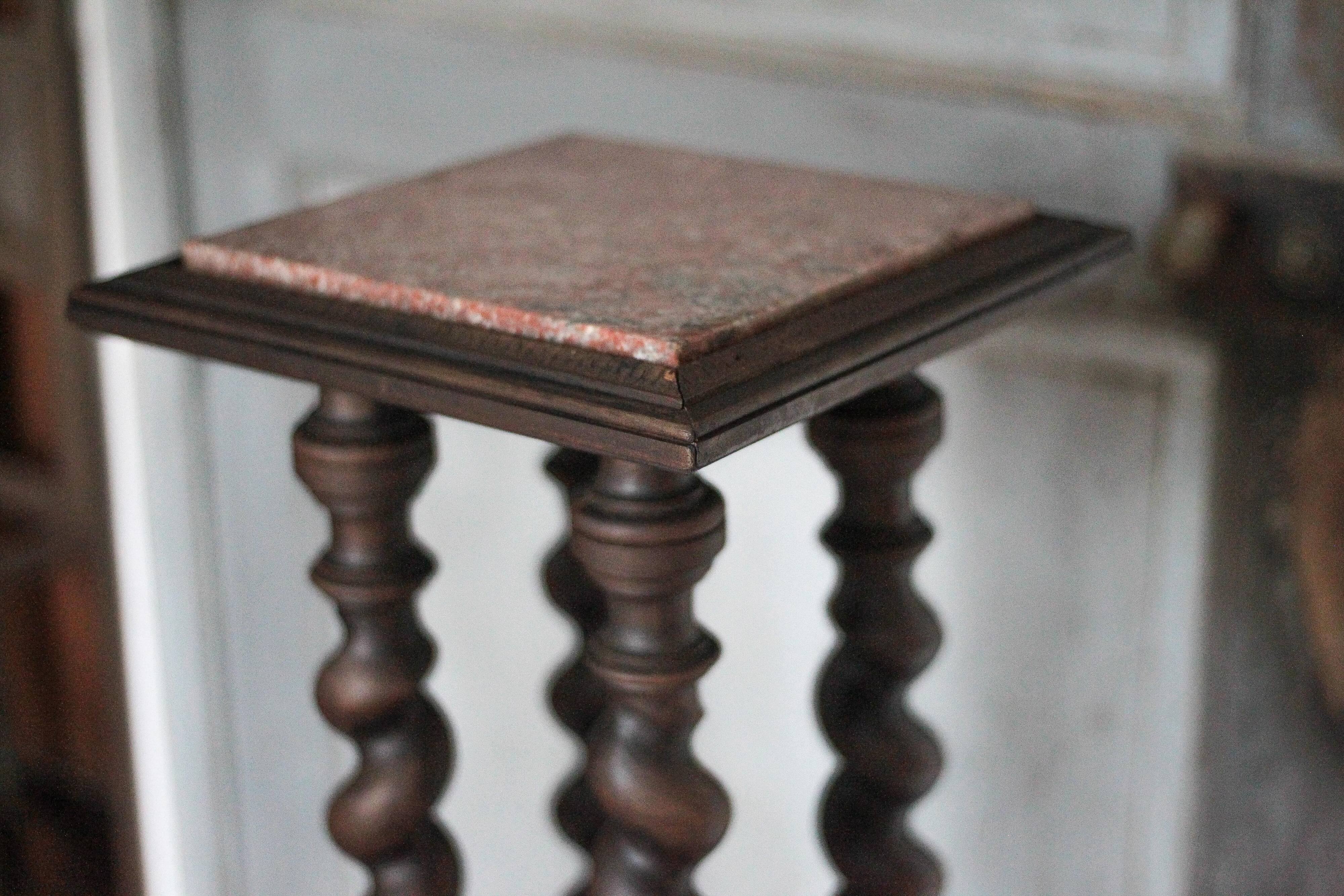 Vintage wood and marble side table, Louis XIII style turned wood pedestal table