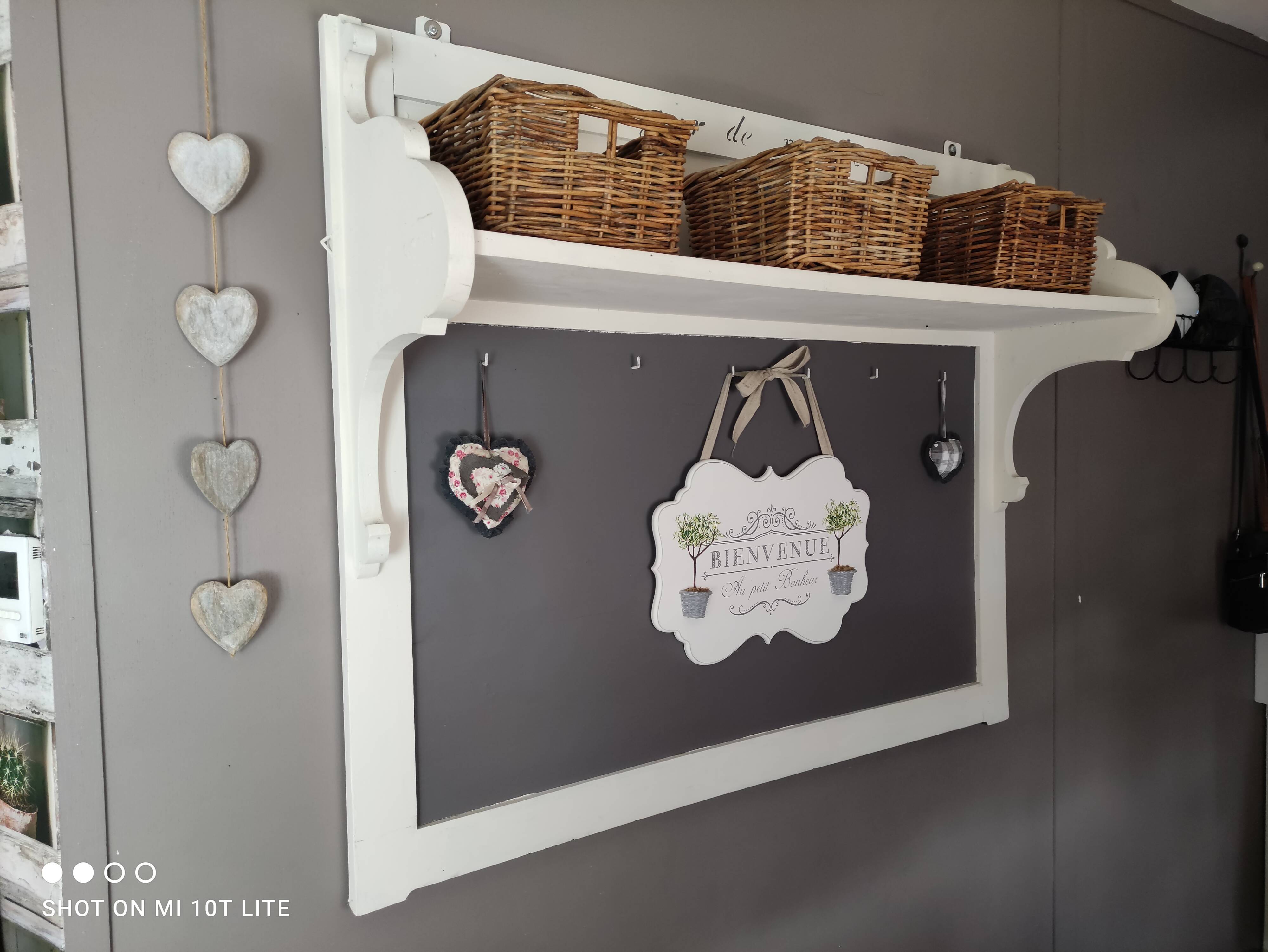 Old white and taupe “Market Day” oak shelf