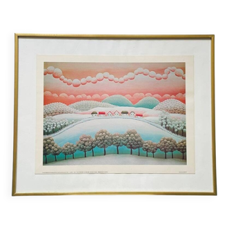 Art print by I. Rabuzin: "Naïve Landscape" Vintage 70s