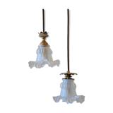 Double suspension with tulip lampshades and gold finishes