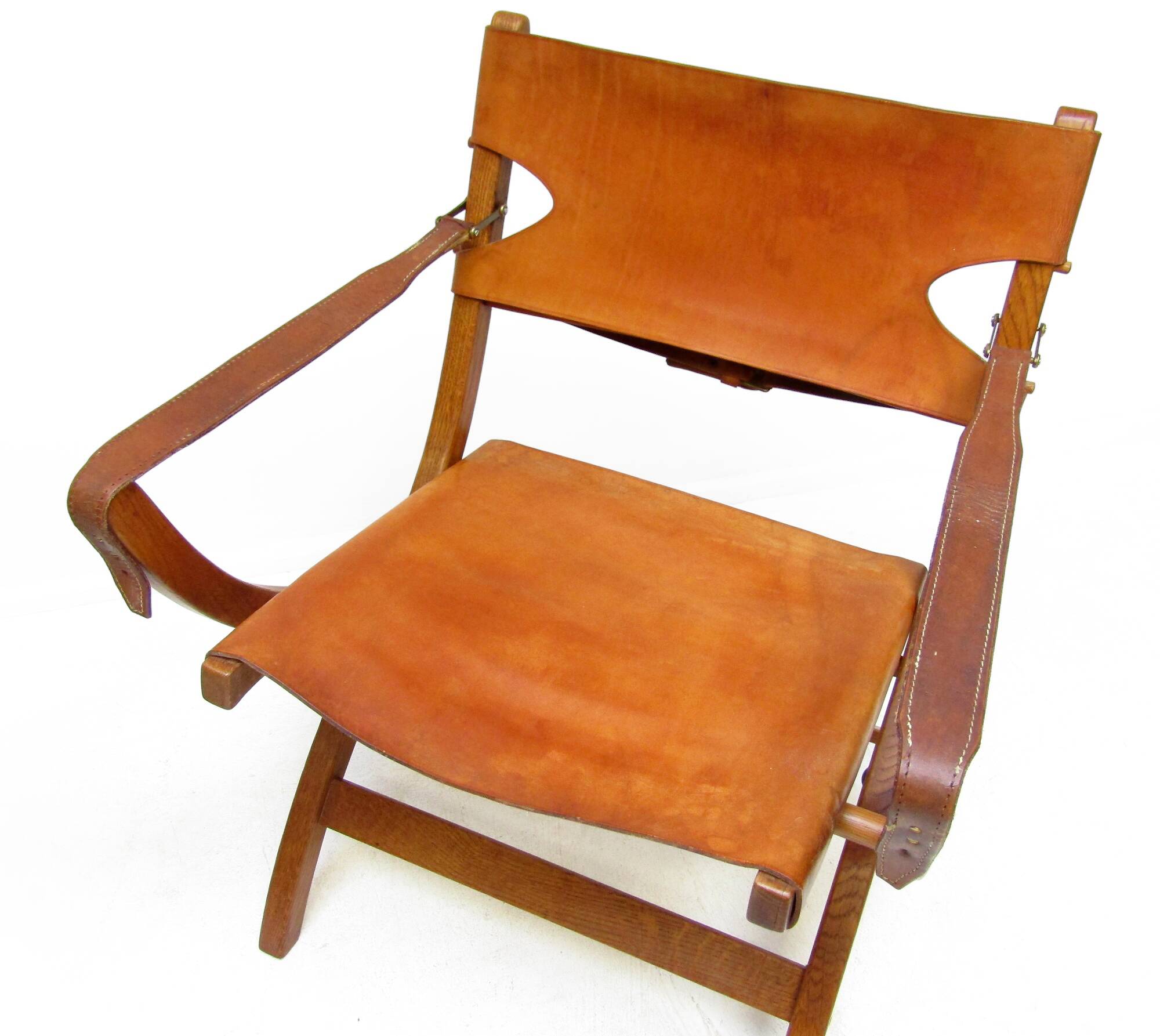 Two 1950s Danish Safari Chairs In Oak & Hide Leather by Poul Hundevad
