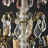 Chic lustre à pampilles bronze doré 6 feux enfilage verre ancien