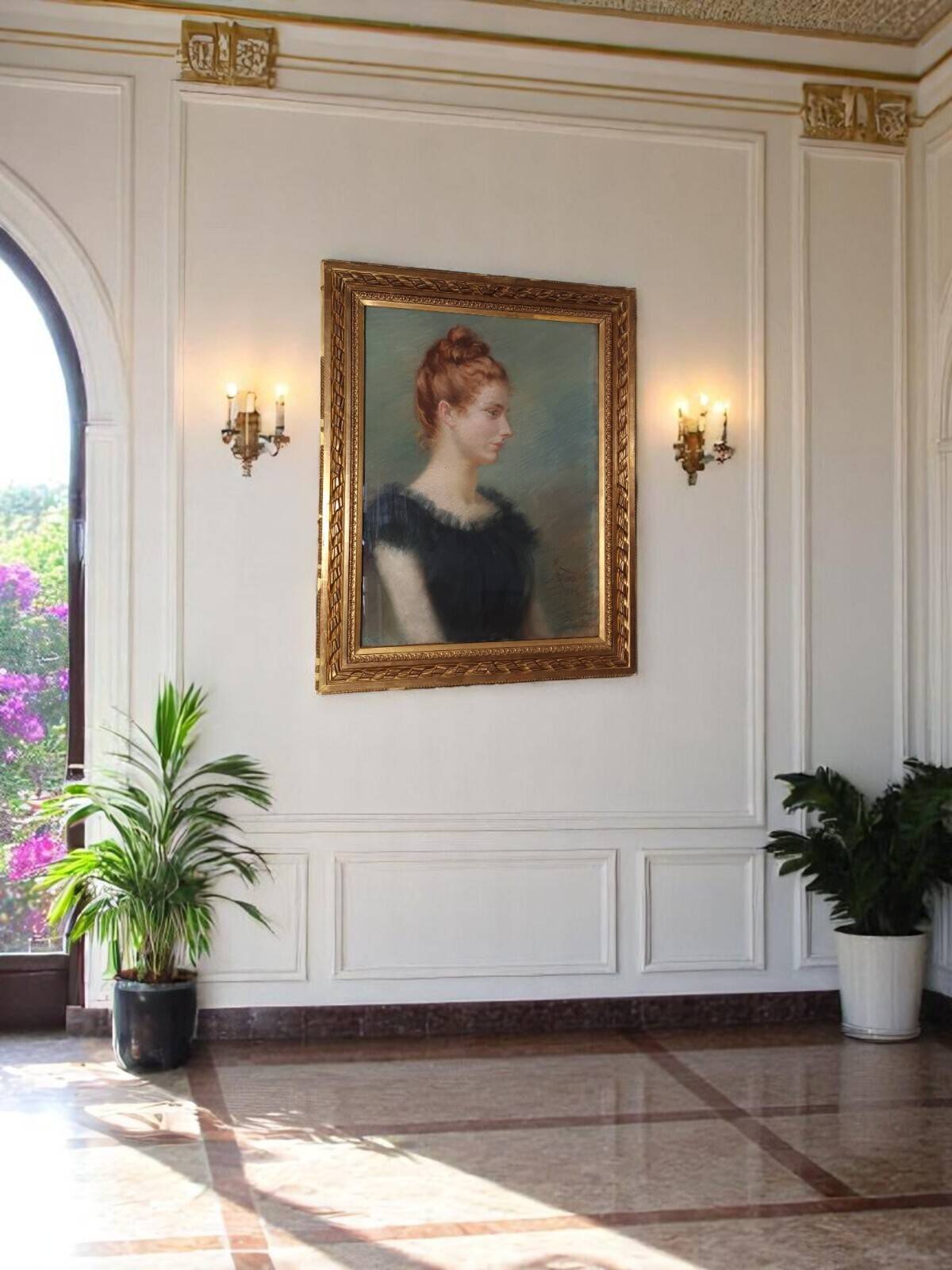 Portrait of an elegant young woman, signed pastel dated 1888, 86x68 cm SC234