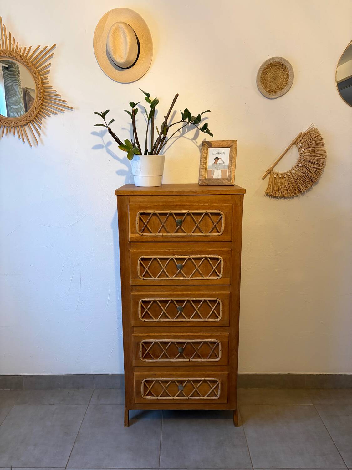 Vintage oak and rattan chest of drawers