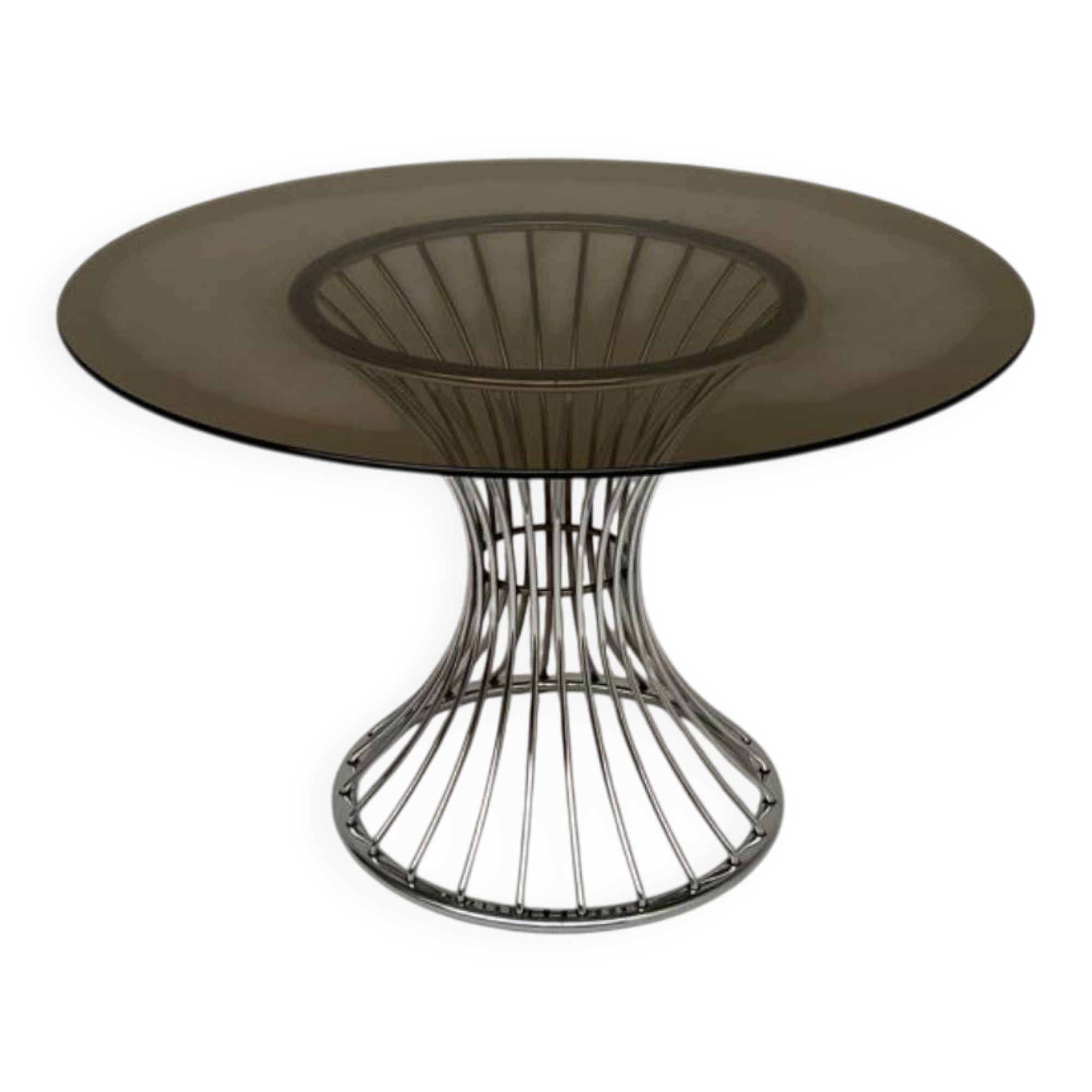 Space Age round dining table in chrome metal and smoked glass.