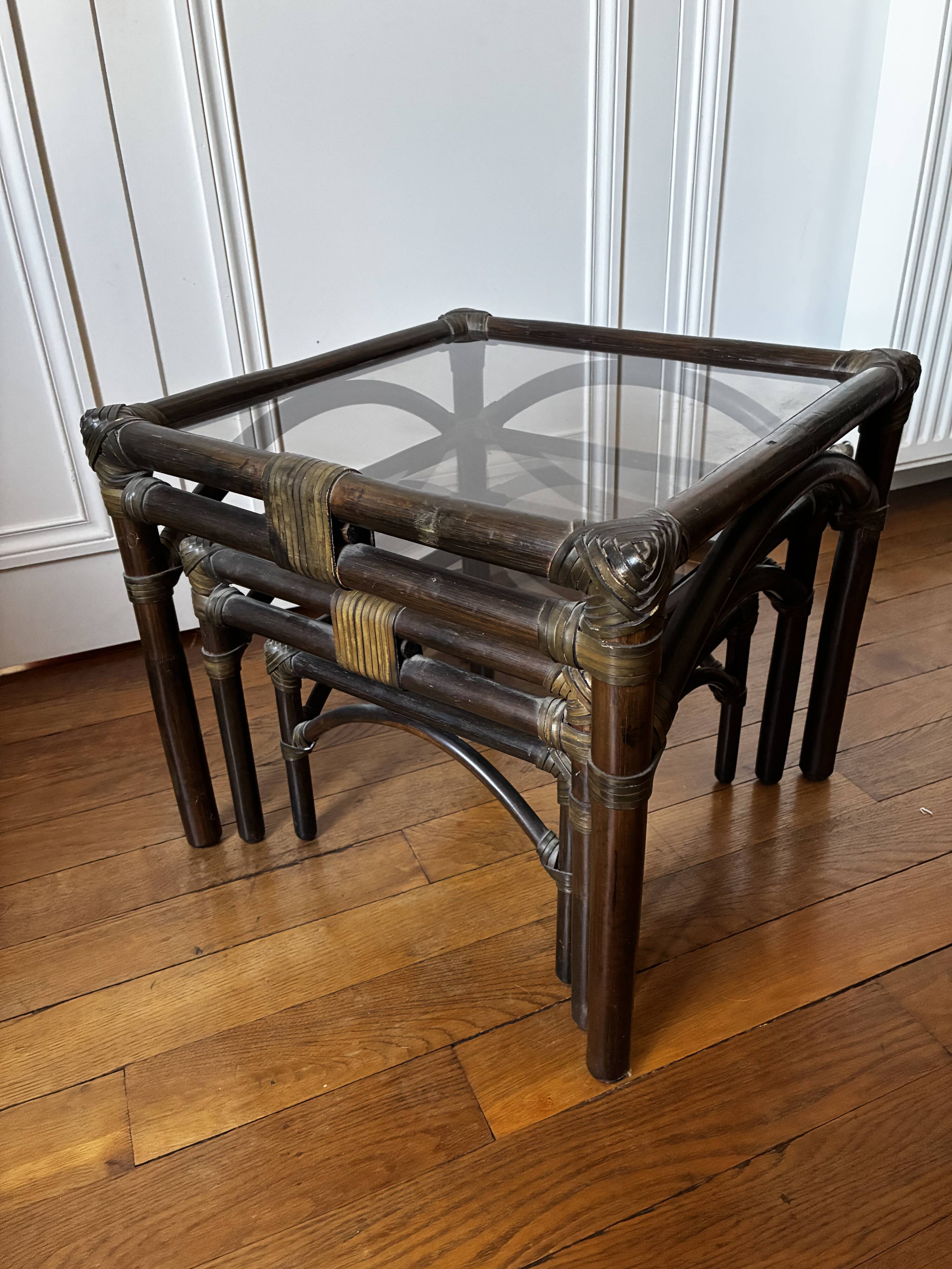 Bamboo and smoked glass nesting coffee tables