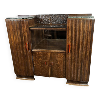 Large Art Deco display cabinet / buffet in oak and green marble – 1930s