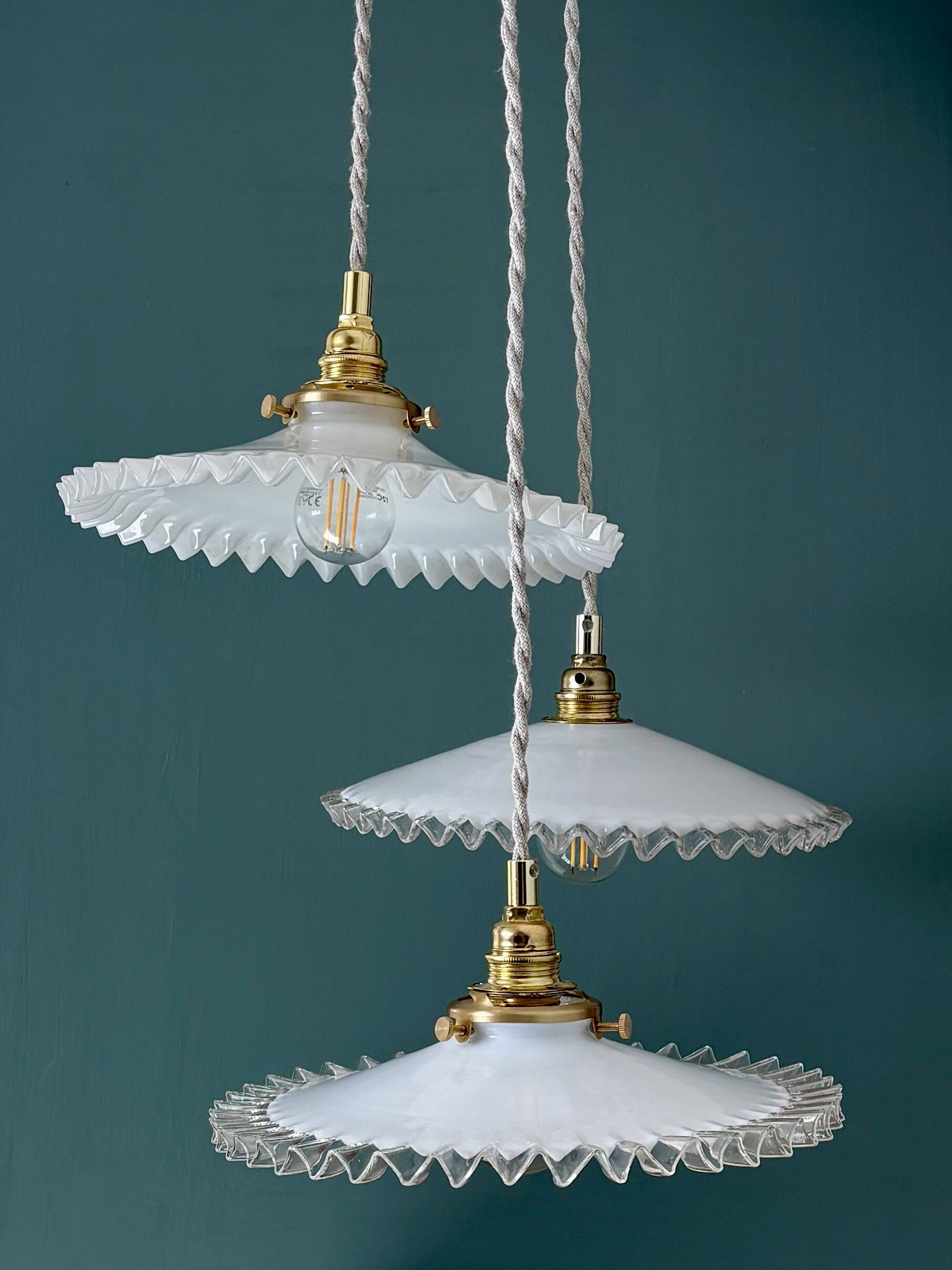 Vintage triple pendant lamp in white opaline