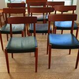 Suite of 8 60s chairs - Teak and black leather - Designer Nils Jonsson by Troeds Bjärnum (Sweden)