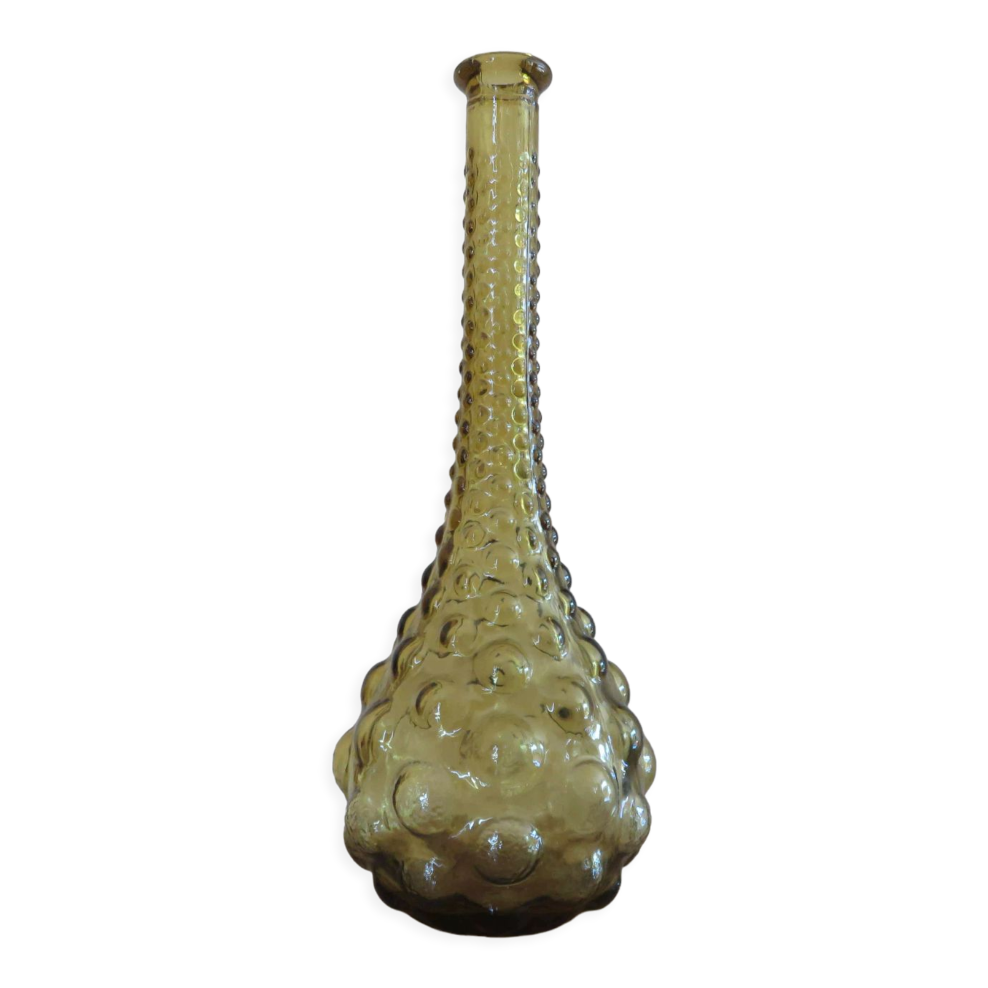 Bottle, carafe, Empoli, Italy, yellow bubbled glass, 60s 70s