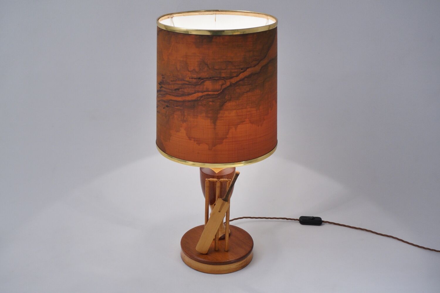Marquetry wood inlaid table lamp, sport cricket theme, 1950`s ca, English, Rewired
