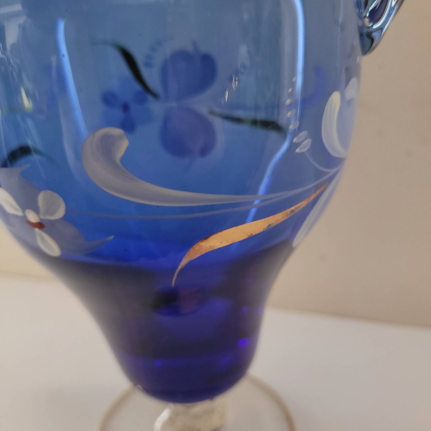 Ewer/pitcher, cobalt blue glass, enameled with flowers, 1950s-60s