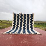 Large striped Berber rug 274x208 cm – Cream & blue wool – Graphic pattern
