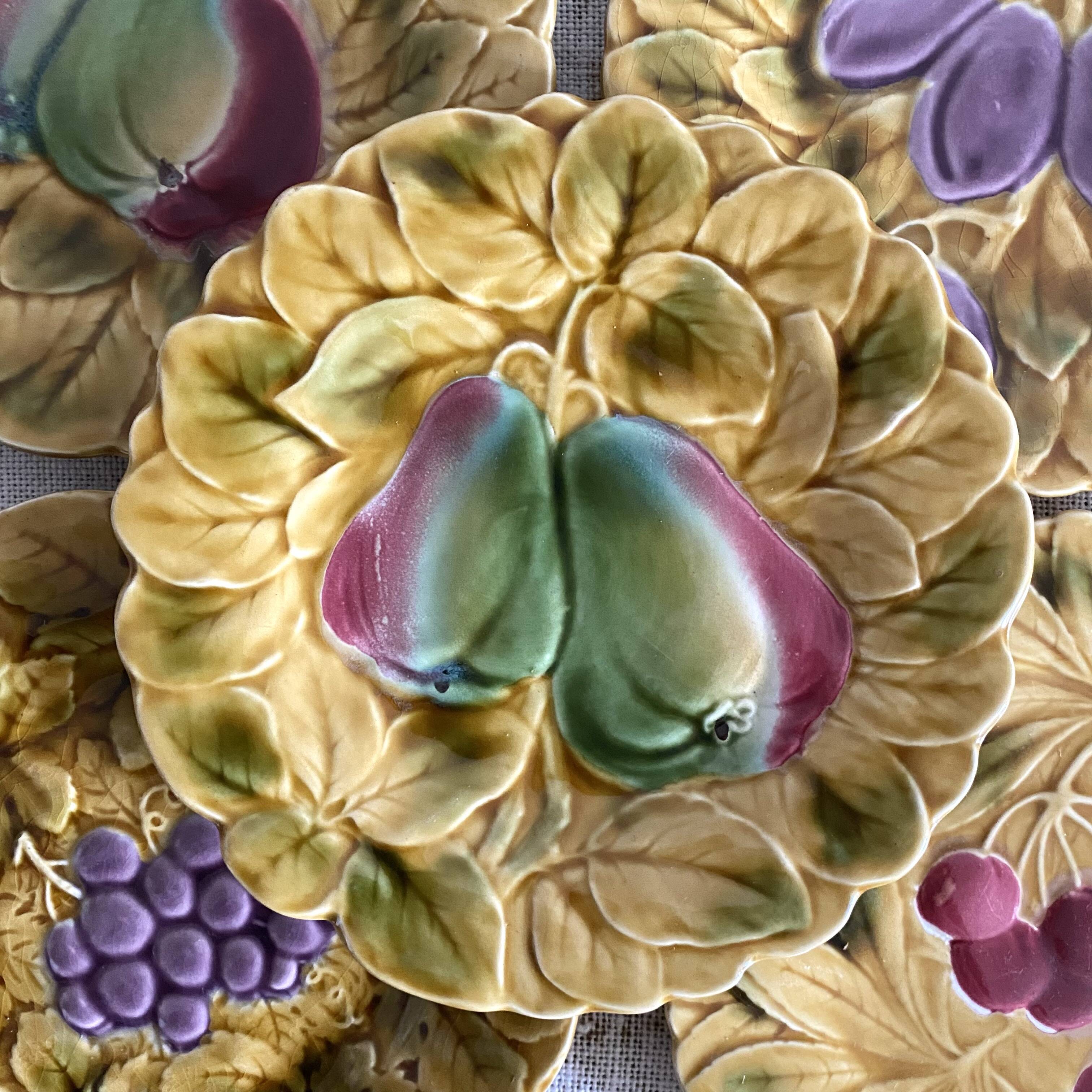 Sarreguemines barbotine plates with fruit decoration