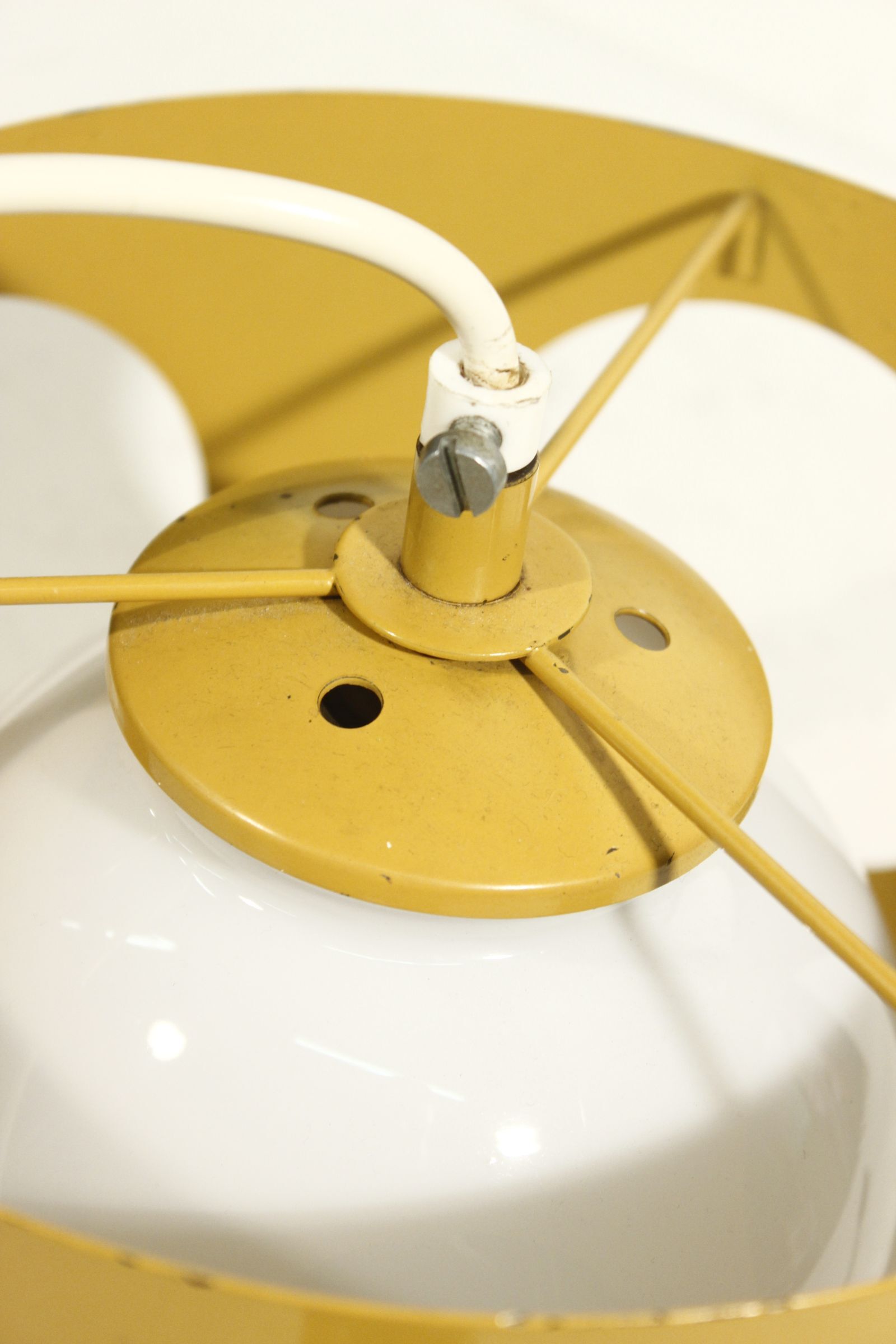 Delmas pendant lamp France 60s openwork yellow sheet & opaline