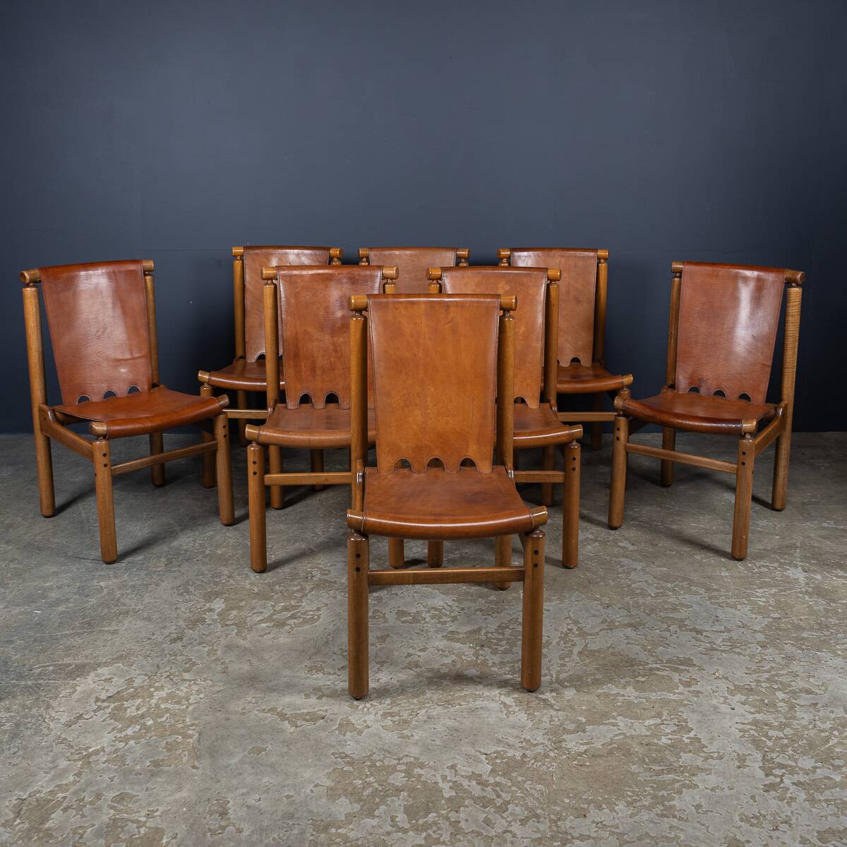 A SUPERB 20thC SET OF EIGHT ILMARI TAPIOVAARA LEATHER DINING CHAIRS c.1950