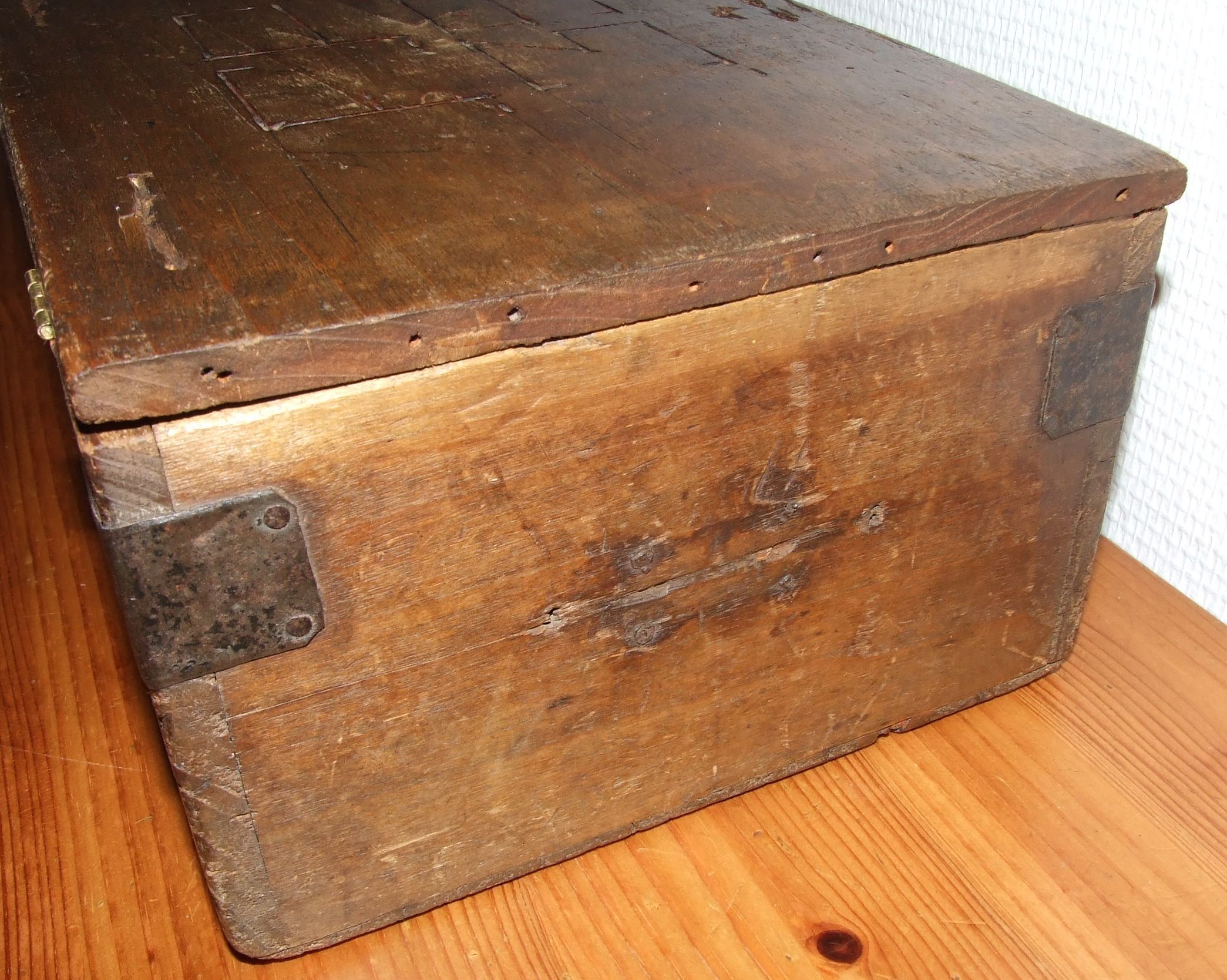 Old box with inscription, fittings, lock and key