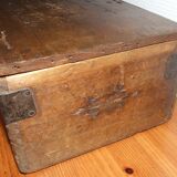 Old box with inscription, fittings, lock and key