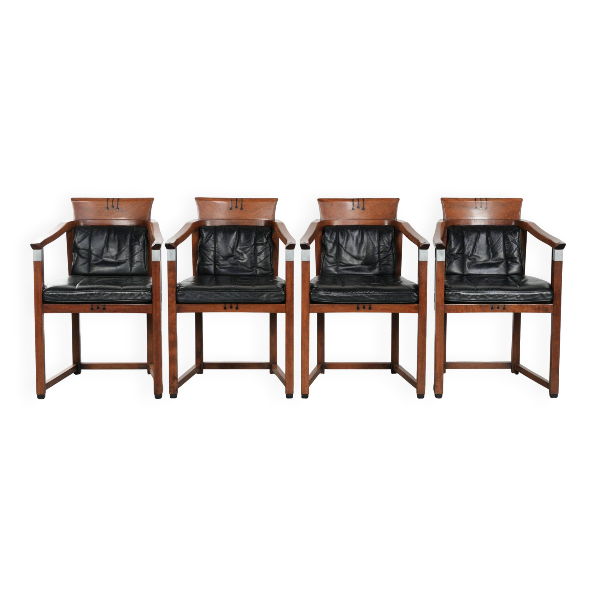 Black leather set of 4 Art Deco design dining chairs with armrests