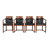 Black leather set of 4 Art Deco design dining chairs with armrests