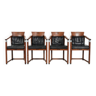Black leather set of 4 Art Deco design dining chairs with armrests