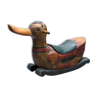 Mid-century Indonesian hand carved, hand painted solid wood rocking duck