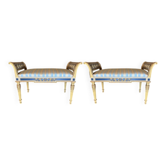 Set of Louis XVI Parcel Gilt Benches in Cream and Blue Lacquer