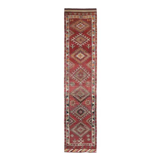 Vintage Turkish Hand-Knotted Wool Cotton Red Runner Rug 83x384
