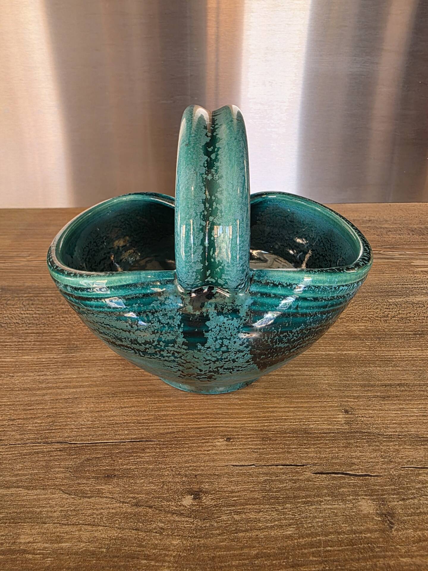 Vintage ceramic basket Accolay turquoise Signed Bull's Head X.C