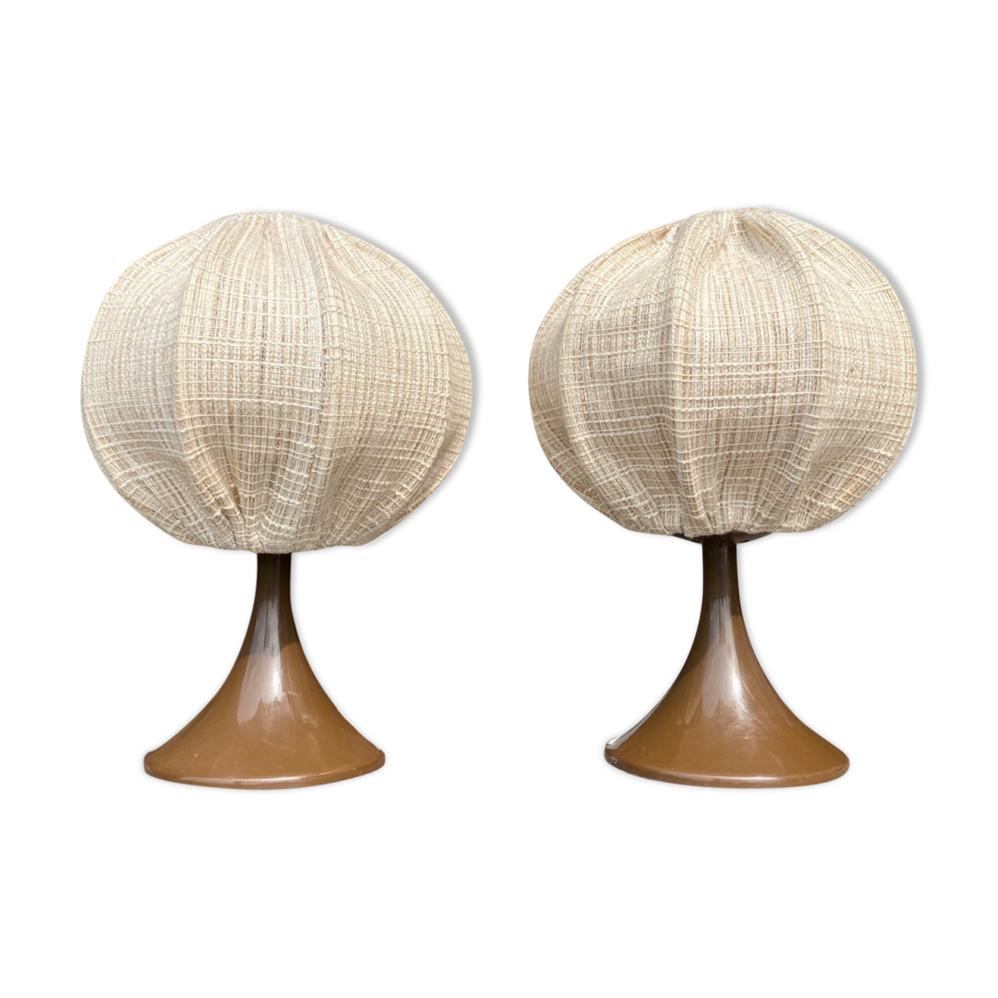 Set of 2 Retro Tulip Lamps | Space Age Lights Dutch Design With Brown Plastic Base And Linen Shades
