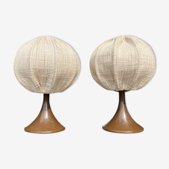 Set of 2 Retro Tulip Lamps | Space Age Lights Dutch Design With Brown Plastic Base And Linen Shades