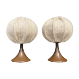 Set of 2 Retro Tulip Lamps | Space Age Lights Dutch Design With Brown Plastic Base And Linen Shades