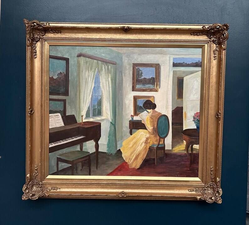 Large Original Swedish Oil on Canvas – “Interior with Reading Woman” by V. Hansen – Signed – Vintage & Framed
