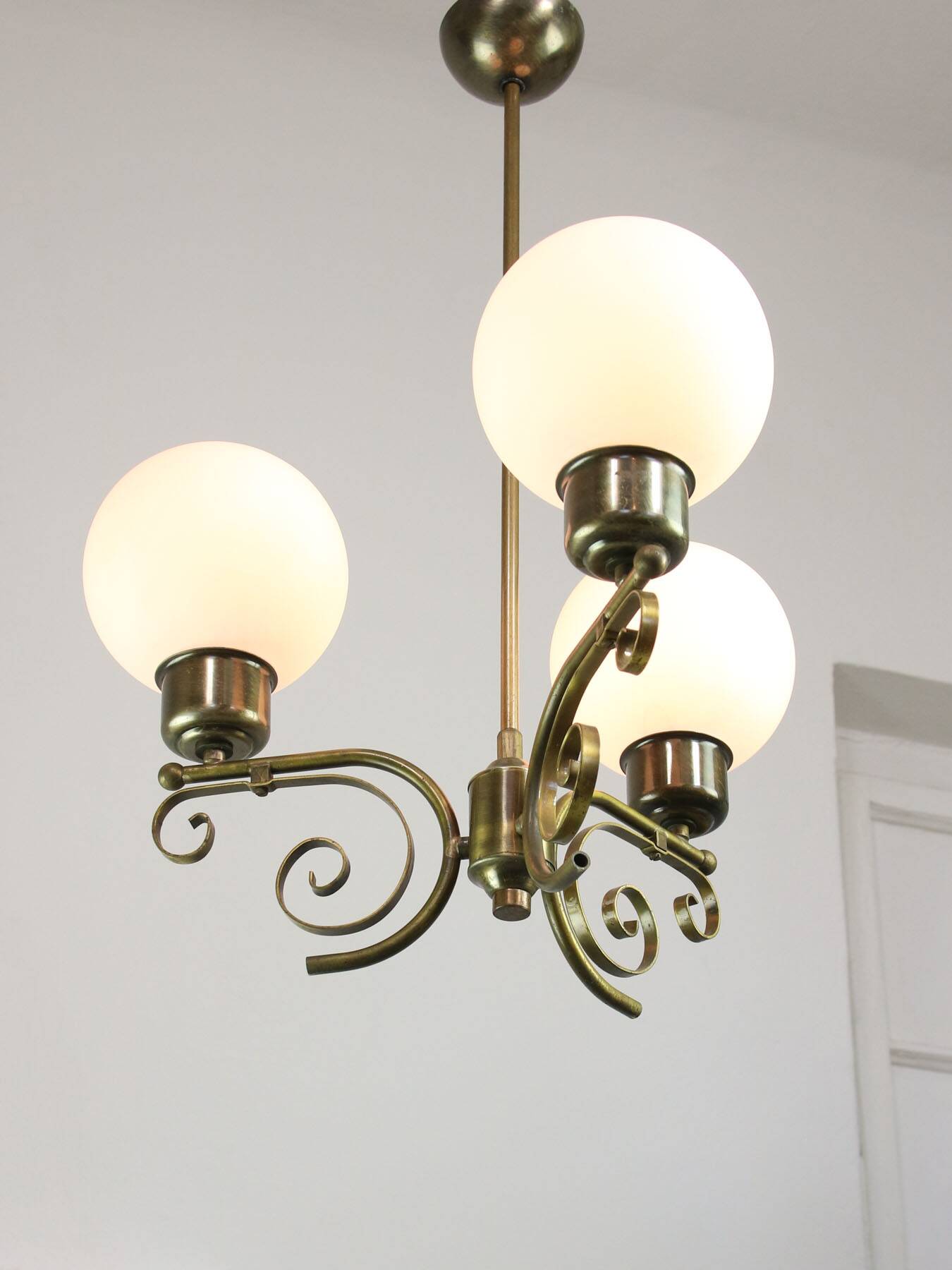 Vintage Italian Brass and Opaline Chandelier
